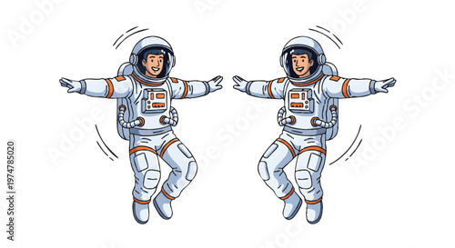 Two astronauts floating in space with arms outstretched