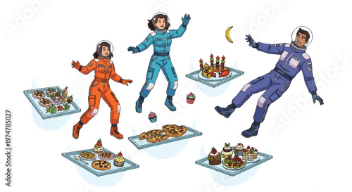 Astronauts floating in space with food plates