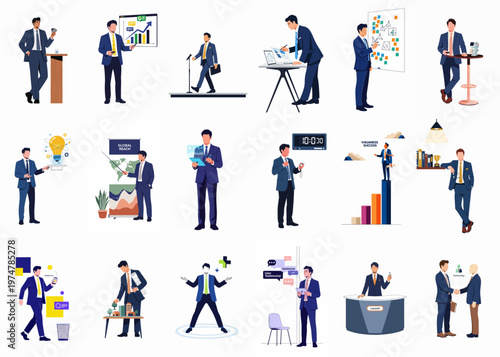 Diverse set of professional businessmen in suits showcasing various business activities like presentations, financial analysis, networking, and successful leadership roles.
