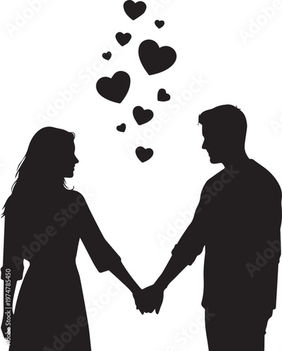 Couple holding hands black silhouettes with floating hearts on transparent background perfect for romance and love designs.