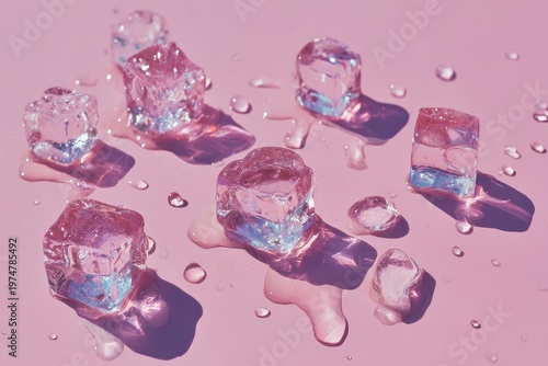 Close up of clear ice cubes with pink and blue iridescent highlights melting on a pastel pink surface with water droplets and soft shadows creating a refreshing cool aesthetic