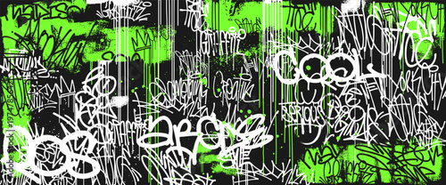 Urban graffiti seamless pattern neon green spray paint street art grunge texture abstract dark background with drips splashes hand drawn tags hiphop style modern trendy streetwear design