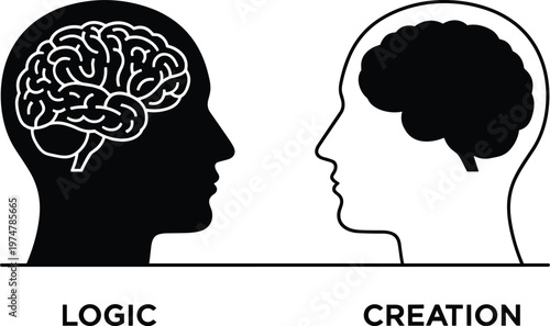 Contrasting human cognition through symbolic silhouettes, highlighting logical analytical thinking versus creative imaginative processes in a balanced conceptual design