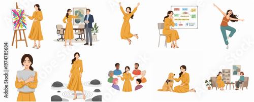 Flat Illustration Woman Doing Various Activities with Different People and Scenarios