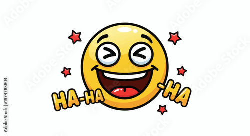 Excited Smiley Face Icon Expressing Hilarious Laughter with Sparkles and 'HA-HA' Text