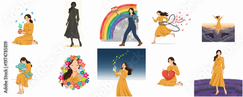 Diverse Colorful Cartoon Woman Poses Collection With Different Emotional Concept Illustration