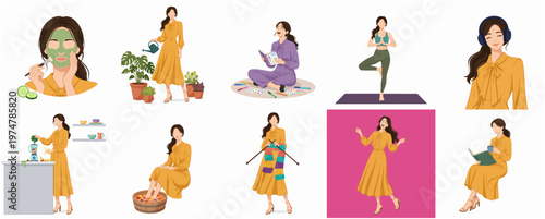 Flat Illustration of Woman Doing Various Activities and Hobbies Collection