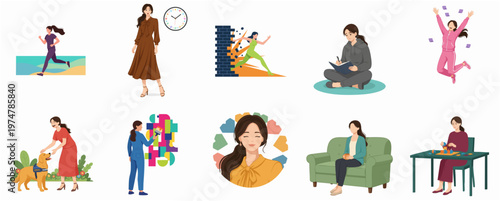 Diverse Flat Illustration Set of Young Adult Woman in Different Activities