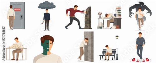 Flat Illustration Man in Various Mental and Emotional States Concept Collection