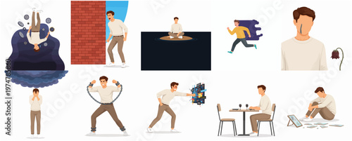 Flat Style Depression and Mental Health Condition with Man Character Illustration Set