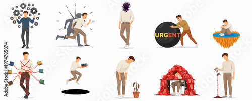 Flat Illustration Concept Depicting Stress, Pressure, and Burnout Man Lifestyle