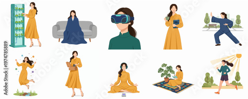 Flat Design Woman Daily Activity Lifestyle Illustration Set with Various Poses