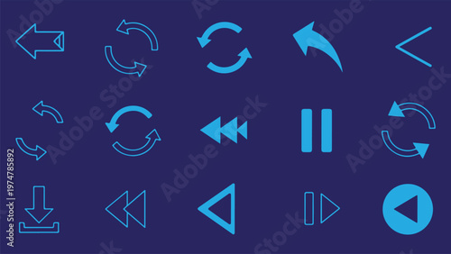 A professional set of blue linear and solid icons designed for media players, video interfaces, and web navigation. 