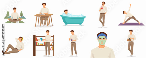 Flat Style Illustration Set of a Man in Different Daily Activities