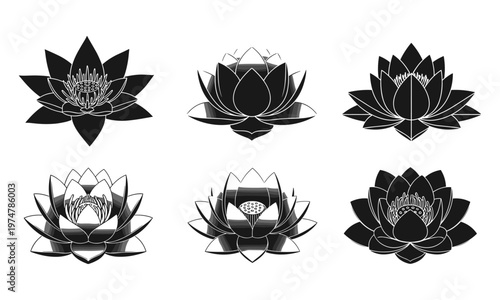  Lotus flower silhouette set with decorative floral elements in black isolated on white background, ideal for yoga, spa branding, meditation, tattoo, and vector design projects