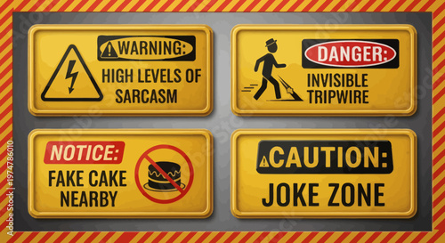 Collection of humorous warning signs featuring witty and funny messages, perfect for adding a touch of playful caution to your projects