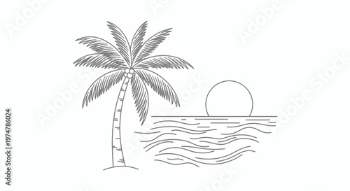 Minimalist Line Art Illustration of a Serene Tropical Beach Sunset with Palm Tree and Ocean Waves, Evoking Tranquility and Vacation