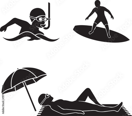 Summer beach activity silhouettes including swimming surfing and sunbathing icons for vacation leisure and recreation design set.