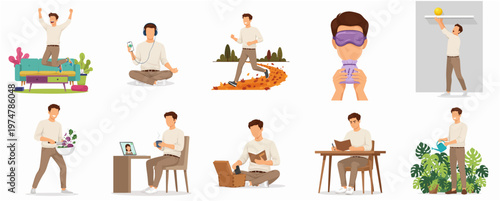 Minimalist Diverse Young Man in Various Poses and Activities Illustration Set