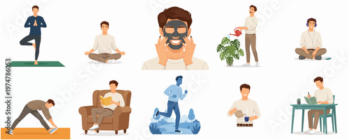 Flat Illustration of Various Man Daily Activities for Wellbeing and Lifestyle