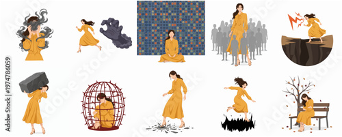 Stylized Depiction of Woman Facing Emotional and Mental Challenges Illustration