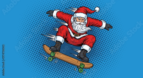 Santa Claus Surfing on a Skateboard with Speed Lines in a Pop Art Style Illustration