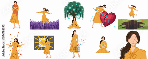Minimalist Illustration Set of Woman in Various Emotional and Symbolic Scenarios