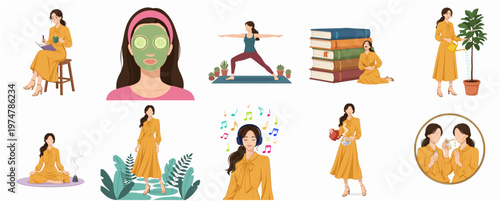 Flat Style Diverse Woman Activities Illustration Set with Relaxing and Wellness Theme
