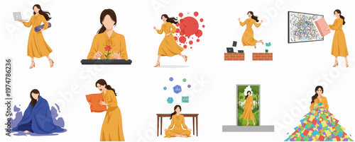 Modern Flat Woman Life Style Activity Character Set Illustration Concept