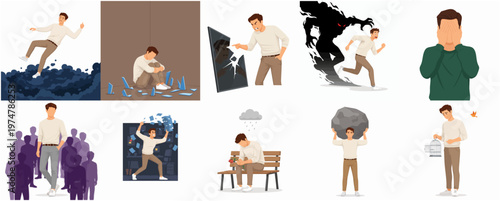 Minimalist Illustration Set of a Man Experiencing Mental Health Challenges