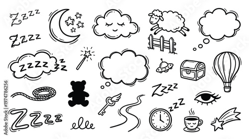Whimsical doodle collection of sleep and dreams elements including zzzs clouds sheep moon stars teddy bear clock hot air balloon and magic wand
