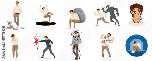 Flat Style Illustration of Man Facing Different Challenges in Various Situations