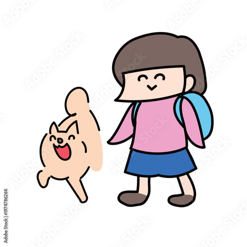 リュックでのんびり登校するおっとり女の子小学生といぬ