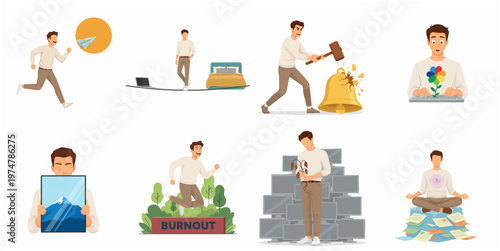 Flat Illustration Set of Overworked and Stressed Employee Concept in Various Scenes