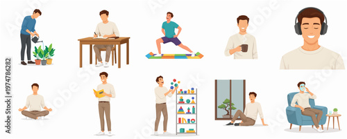 Flat Illustration Set of Man Doing Various Activities in Daily Life Lifestyle
