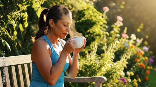 Woman holding steaming hot mug of coffee in a sunny flower garden