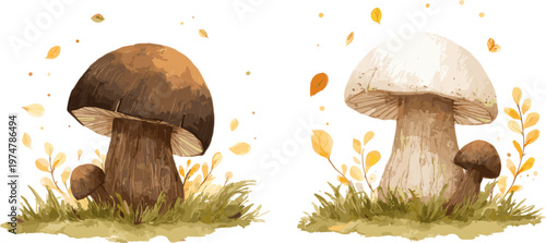 2 sets of brown and white mushrooms with green grass and yellow leaves, cartoon style clip art, isolated on white background.