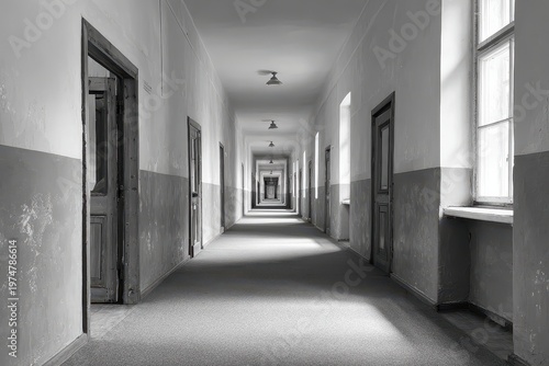 Long institutional hallway with rows of closed doors on both sides and windows casting shadows on the textured floor under dim overhead lighting