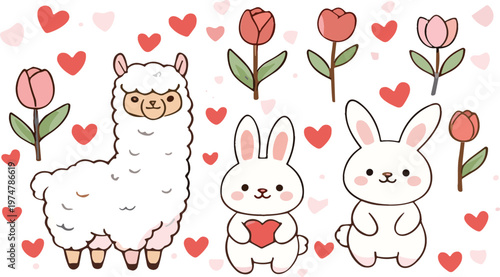 Cute Cartoon Alpaca and Bunny Characters with Hearts and Flowers for Valentine and Love Themed Designs