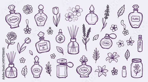 Charming hand-drawn collection of perfume bottles and floral elements, evoking elegance and natural scents for beauty and lifestyle concepts