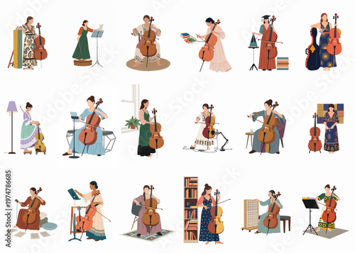 Collection of flat vector illustrations featuring diverse women playing the cello in various settings like recording studios, practice rooms, and at home.