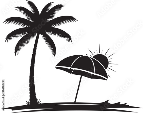 Tropical beach scene with palm tree parasol and sun, summer vacation travel destination vector illustration.