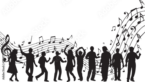 Dancing people silhouette, musical notes flowing, party celebration, joyous atmosphere, group of friends, energetic rhythm, social gathering.
