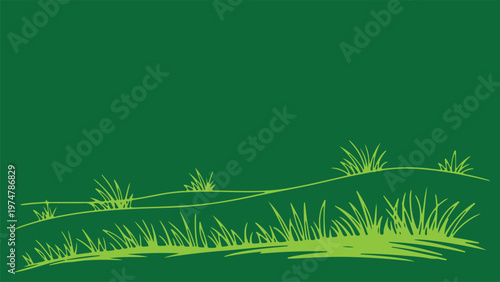 A minimalist landscape featuring bright yellow hand-drawn grass tufts on stylized green rolling hills.