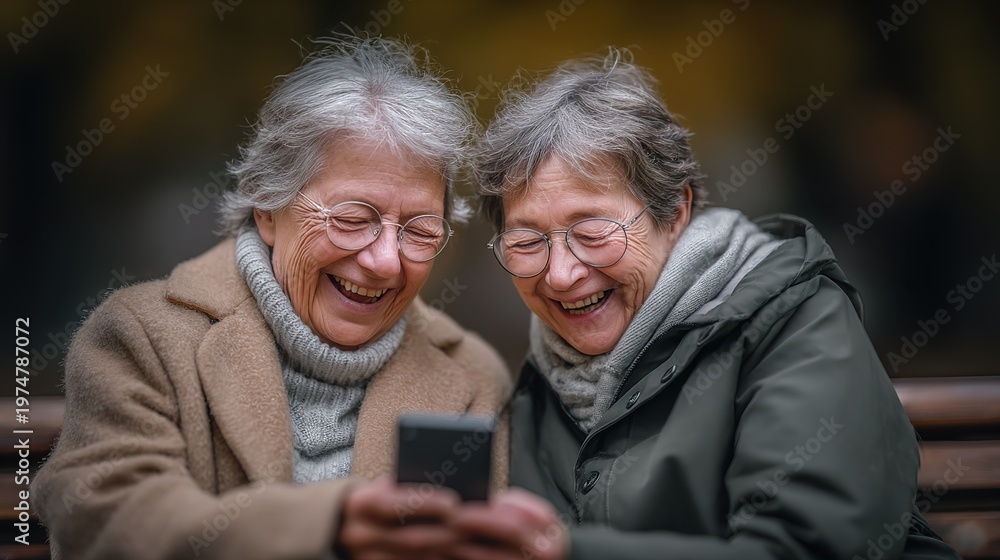 Obraz premium Two elderly women laughing joyfully while looking at a smartphone.