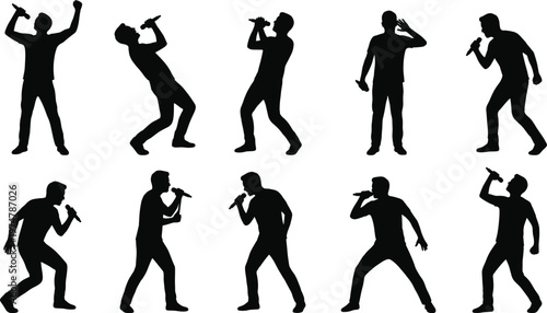 Black silhouette of male singers holding microphones performing on stage in various poses isolated on white background for music design