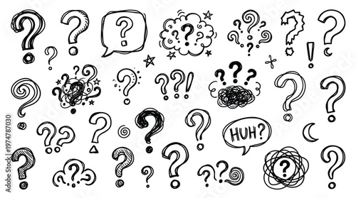 Collection of hand-drawn question marks and speech bubbles symbolizing inquiry confusion and brainstorming ideas on a white background