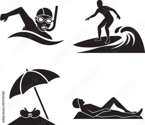 Beach vacation icons with surfer swimmer sunbathing and umbrella on transparent background summer.