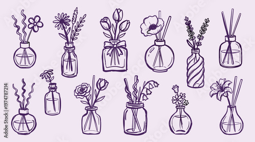 Hand drawn collection of various flower bouquets in glass vases and diffusers, artistic sketch of floral arrangements for home decor and aromatherapy
