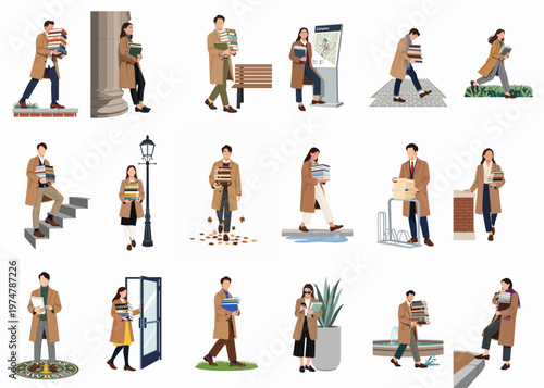 Set of diverse young people wearing beige overcoats and carrying many books in various outdoor campus scenes.